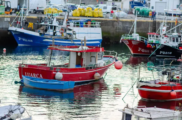 İspanya 'nın Luarca kentindeki canlı bir limana yanaşan kırmızı ve mavi balıkçı tekneleri, geleneksel bir Avrupa balıkçı köyünün otantik atmosferini yakalıyorlar..