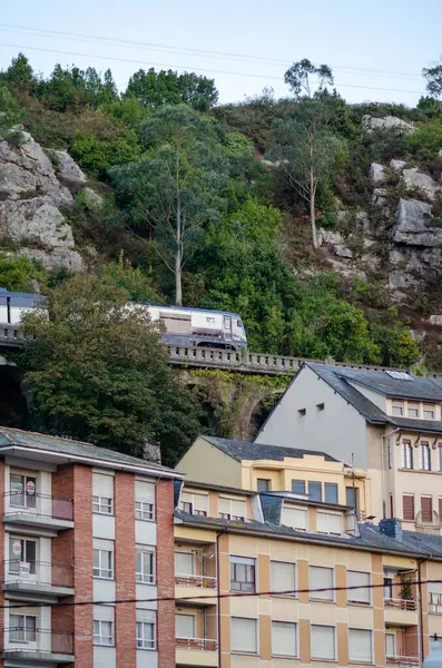 Modern tren, kayalık bir yamaçtan geçerek, kentsel konutlara ve yoğun yeşilliğe tepeden bakan, keşif ve şehir yaşamının zıtlığını çağrıştıran bir viyadük boyunca seyahat eder..