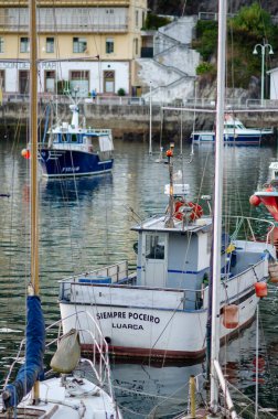 Renkli balıkçı tekneleri Luarca, İspanya 'nın sakin liman sularında nazikçe süzülerek arka planda tarihi kıyı mimarisi ile barışçıl bir deniz manzarası oluştururlar..