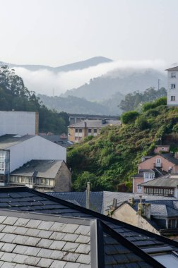 Geleneksel çatıları ve yemyeşil yamaçları olan huzurlu bir dağ köyü. Sisli dağlar ve yumuşak sabah ışığı sakin ve manzaralı bir kırsal atmosfer yaratır..