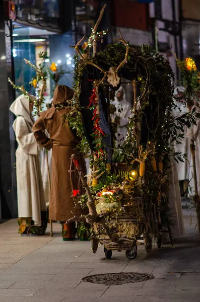 Gizemli bornozlar ve özenle hazırlanmış doğa temalı bir şamandıranın yer aldığı bir İspanyol Cadılar Bayramı karnavalı. Şenlikli, geleneksel, kutlama.