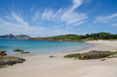 Turkuaz denizi, kayalık kıyıları ve bereketli bir yaz gününde yemyeşil olan sakin kumlu bir sahil. İdeal tatil yeri ve doğa rahatlama arka planı.