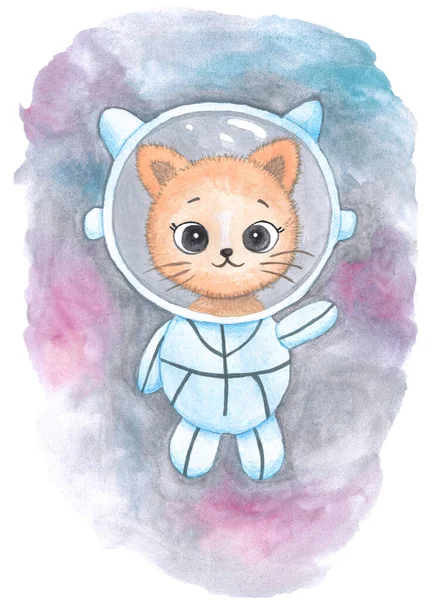 Space kitty in the helmet and space suit. Funny and cute cat astronaut, baby animal. Kitten in cosmos. Kids cute Watercolor illustration.
