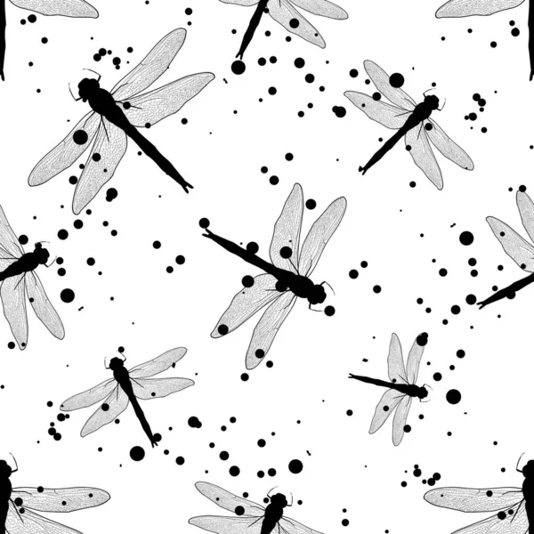 Abstraktní Bezešvé Vážky Hmyz Křídly Vážka Tažená Vážka Bezešvé Izolované — Stockový vektor