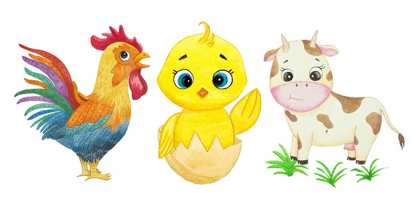 かわいい漫画の動物たち ロースター チキン 水彩イラスト — ストック写真