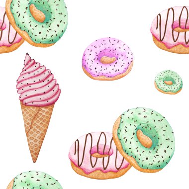 Donut ve dondurmayla kusursuz desen. Tasarımınız için suluboya elementler. Görüntü