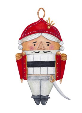 Suluboya el çizimi fındıkkıran, çocuk oyuncağı süsleme için, Noel ağacı için. Kış tatili beyaz arkaplanda izole