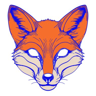 Tilki hayvan maskesi şablonu. Dörtlü ameliyat için maske. Modern gençlik hobisi. Sürekli mavi bir çizgiyle çizilmiş basit bir illüstrasyon. Kuadrobik fandom alt kültürü. Karnaval ya da Therianthropy için dekorasyon