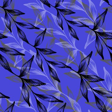 Doğa çizimi. Doğal malzemeler. Orman, yapraklar, dallar. Siyah, gri ve beyaz pürüzsüz desen. Kusursuz desen, kozmetik, tasarım paketi çayı, duvar kağıdı, tekstil, kumaş arkaplanı