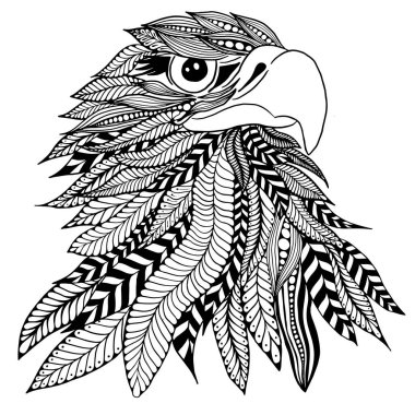 Beautiful monochrome illustration for coloring book page. Hand-drawn figure of an eagle with patterns