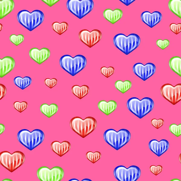 Boyutlu Kalpleri Olan Kusursuz Bir Desen Çok Renkli Kalp Çizgili — Stok fotoğraf