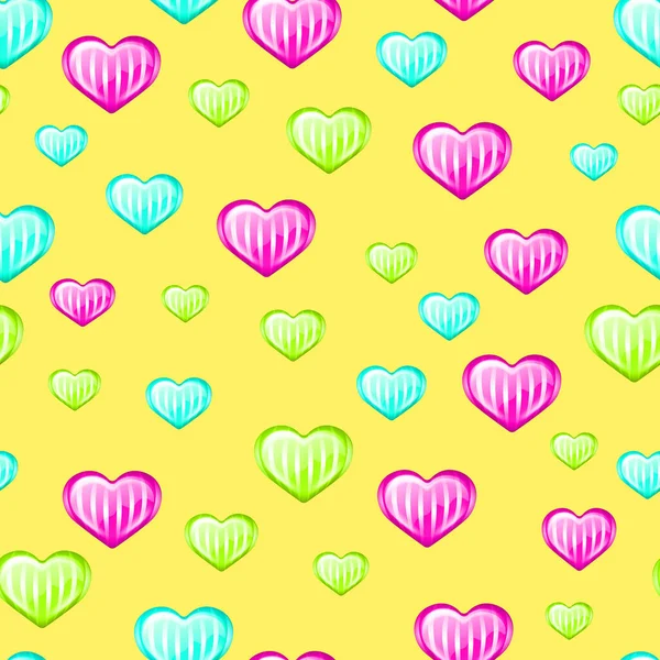 Boyutlu Kalpleri Olan Kusursuz Bir Desen Çok Renkli Kalp Çizgili — Stok fotoğraf