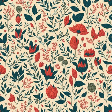 Ditsy özgürlük tarzı kusursuz bir model. Düz bir şekilde çiz. Modern moda botanik kolajı. Yaz çayırı çiçek koleksiyonu. Tekstil, kumaş, duvar kağıdı, yüzey tasarımı için doğa süsü.