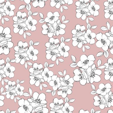 Kusursuz desenli kiraz tomurcuklanan erik dalı. Mürekkep, grafik, kağıt. Paket kağıdı, tekstil, kapak, sonsuzluk kartı.