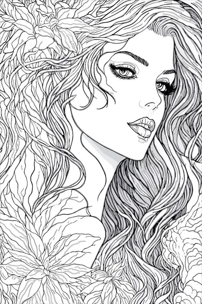 Coloring Page with Beautiful Woman with Flowers For Kids and Adults . Flower Woman Coloring Page.Monochrome image of woman with long hair.