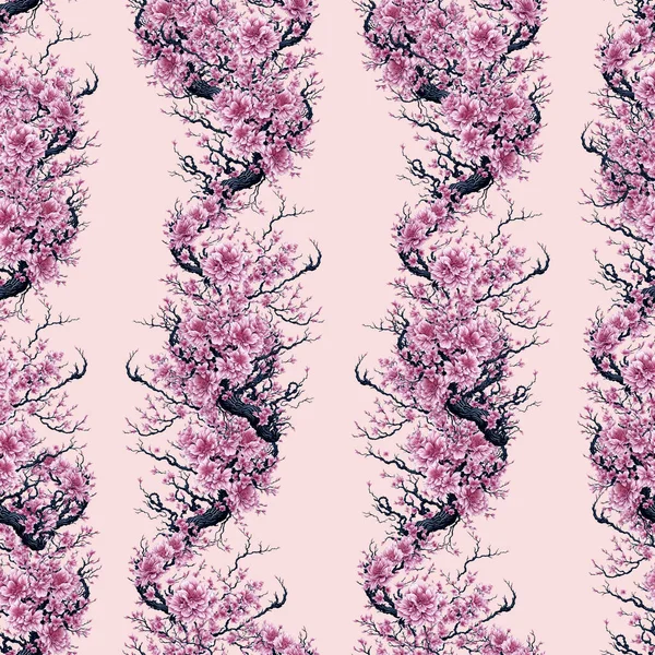 Beautiful seamless pattern with digital drawn pink sakura flowers on white background. Delicate watercolour floral texture for textile, wrapping paper, surface design, wallpaper