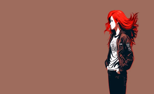 Ilustracja Pięknej Dziewczyny Długimi Czerwonymi Włosami Jasnobrązowym Tle Baner Miejsce — Zdjęcie stockowe