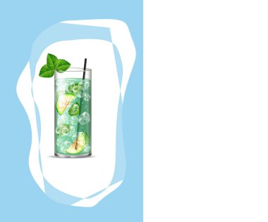 Yeşil mavi soyut arka planda Mojito Kokteyli. Dijital Resimlendirme