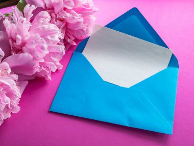 Üzerinde pembe şakayık çiçekleri ve pembe arka planda mavi bir zarfın içinde boş beyaz kağıt olan tebrik kartı. Tebrik mesajlarınız için metin alanı ile birlikte tatil kavramı