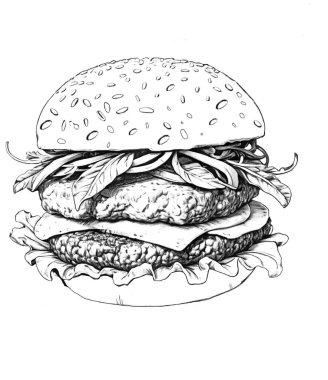 Hamburger oyma tarzı sanat. Beyaz arka planda ızgara Hamburger fast food çizimi
