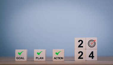 2024 için eylem planı. Metin 2024, hedef, plan ve eylem yeni yıldan başlayarak yeni yıl için listeyi ve planı hazırlamaya hazır olun. Hedefler, plan, strateji, iş, fikir, eylem konsepti.
