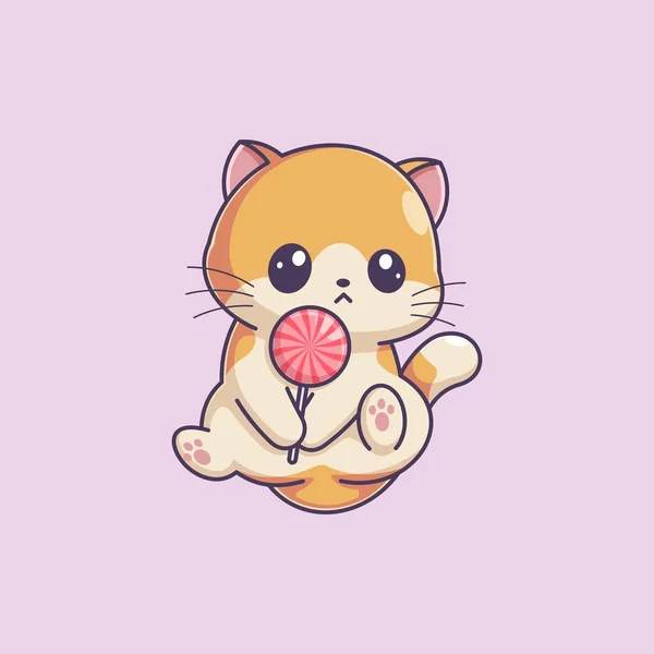 Cute Kitten Holding Lollipop — Stock Vector