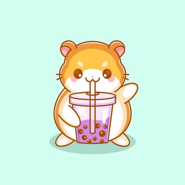 Cute Hamster Drinking Bubble Tea Cartoon — Stock Vector