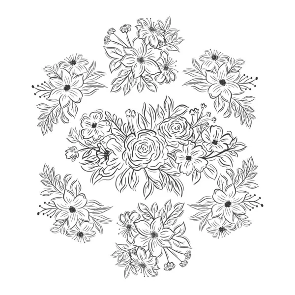 Ręcznie Rysowane Siedem Kwiatów Bukiety Kolekcji — Wektor stockowy