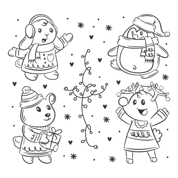 Christmas Animal Set Hand Drawn Coloring — 图库矢量图片