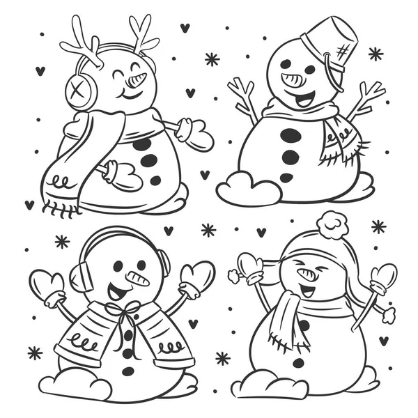 Snowman Karakter Collectie Met Hand Getekend Kleuren — Stockvector