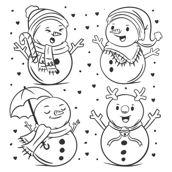 Snowman Character Set Hand Drawn Coloring — Vettoriale Stock
