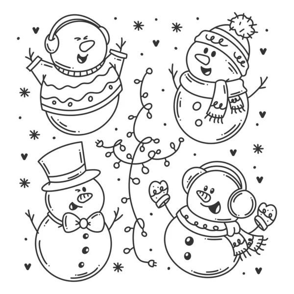 Snowman Set Hand Drawn Coloring — Vettoriale Stock