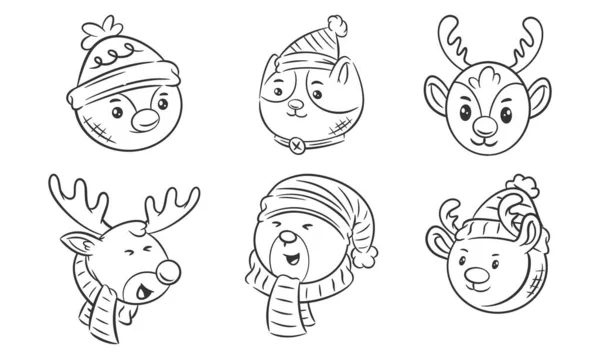 Cute Face Animal Scarf Hats Hand Drawn Coloring — 图库矢量图片