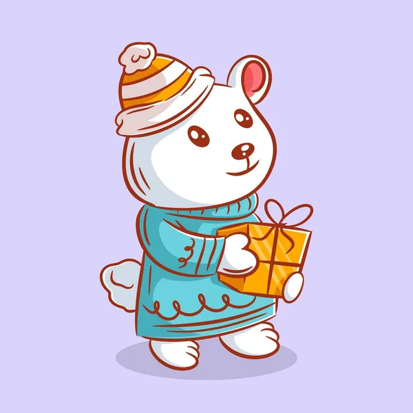 Cute Polar Bear Wants Give Gifts Wears Warm Clothes — Stockový vektor