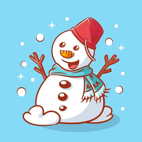 Cute Snowman Wears Neck Warmer Has Bucket His Head — Stok Vektör