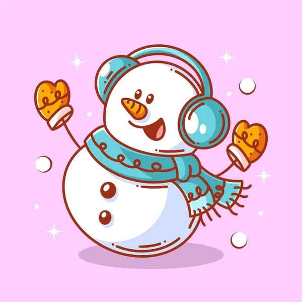 Cute Snowman Laughing Wearing Head Warmer Mittens — Stockvector