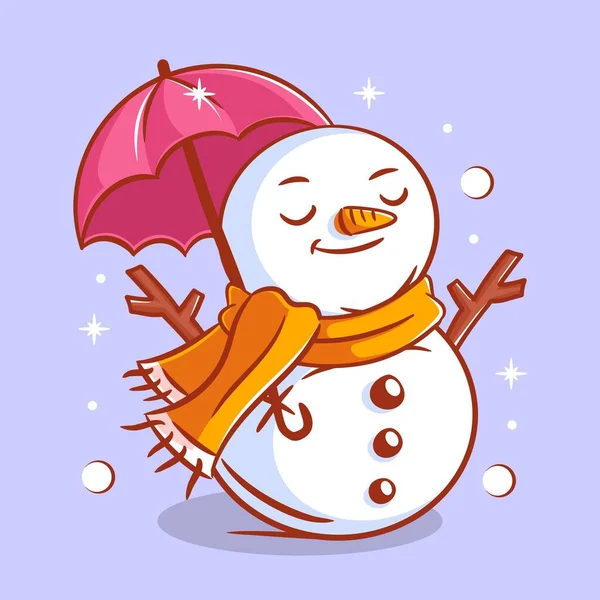 可爱的雪人使用脖子温暖和伞 — 图库矢量图片