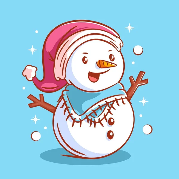 Cute Snowman Wearing Neck Warmer Santa Hat — Image vectorielle