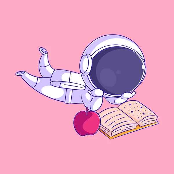 Astronauta Está Transportandoel Astronauta Está Leyendo Libro Hay Una Manzana — Vector de stock