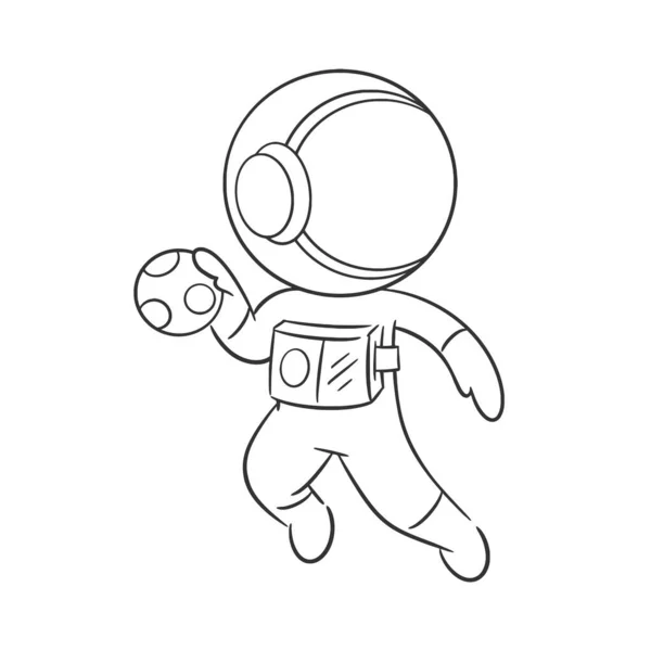 Astronauta Buen Humor Jugando Balonmano Para Colorear — Vector de stock