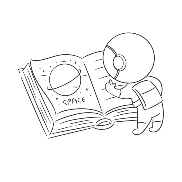 Astronaut Standing Reading Book Coloring — Stock Vector
