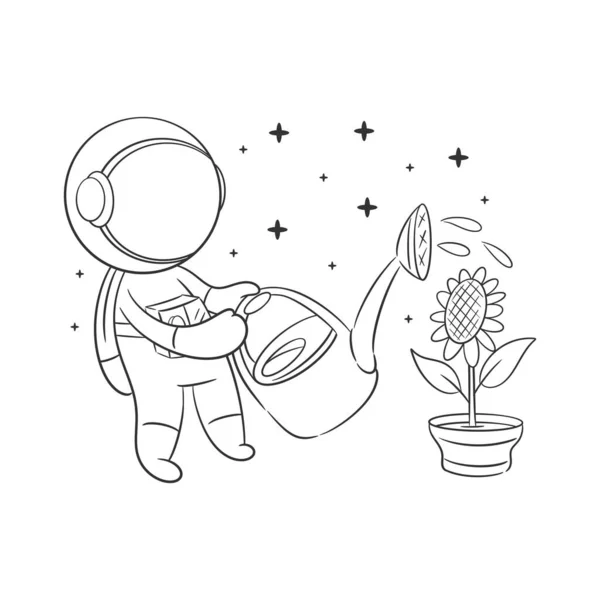 Astronot Ayçiçeklerini Renklendirmek Için Hararetle Suluyor — Stok Vektör