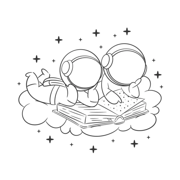 Astronaut Reading Book Friends Coloring — Stock Vector