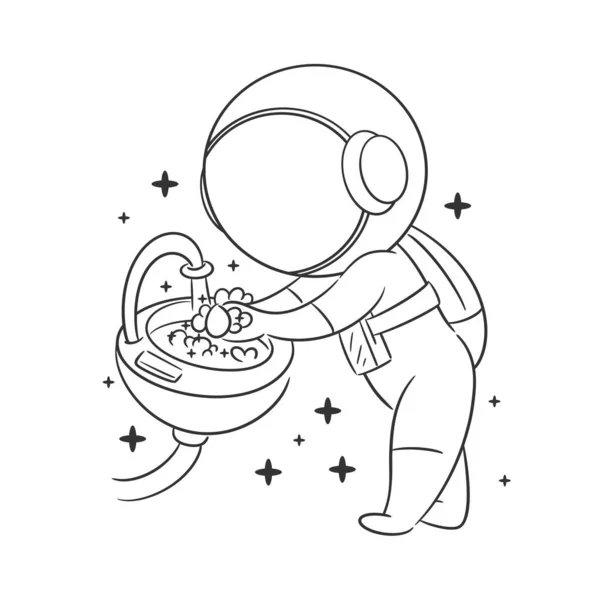 Astronauta Lavándose Las Manos Fregadero Para Colorear — Vector de stock
