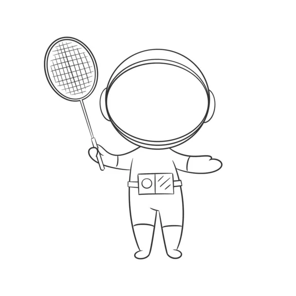Astronaut Wants Play Badminton Coloring — Stock Vector