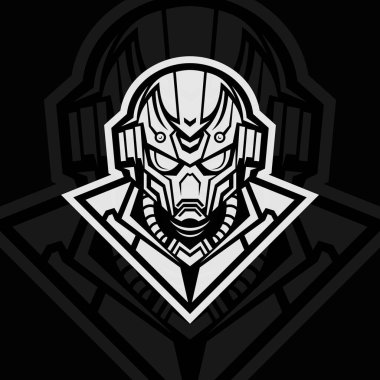 Robot kafası, maskot esport logo tasarımı, siyah beyaz.