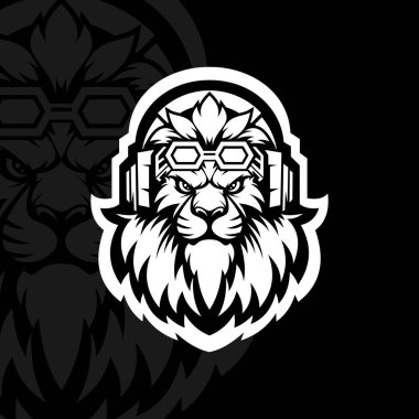 Kulaklık ve gözlüklü aslan, maskot esport logosu tasarımı, siyah beyaz.