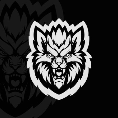 Kızgın aslan maskotu karakter logosu, siyah beyaz