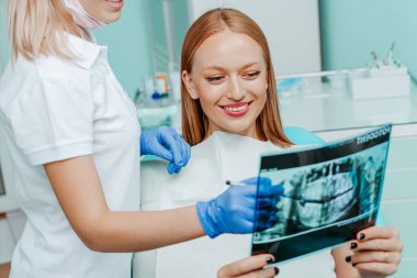Doktor dişçi ve kadın hasta stomatoloji kliniğinde dişleri ve tıbbi ekipmanlarıyla röntgen filmi izliyorlar. Gülümse sağlıklı diş konsepti