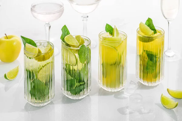 Classic Cocktail Mix Mohito Glass White Background Lime Lemon Mint — Stock Photo, Image